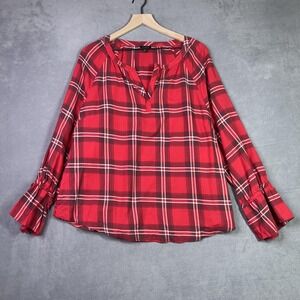 Talbots Plaid Split V-Neck Popover Top Women XL Cotton Red Tie‎ Ruffle Sleeve